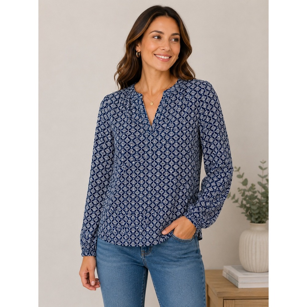 Loft Womens Navy Blue White Geometric Floral V-Neck Long Sleeve Blouse Size L